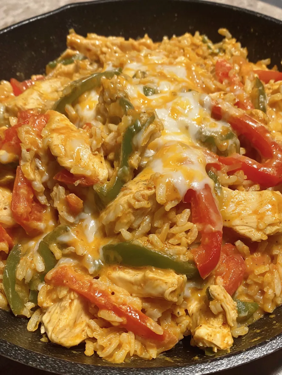 A skillet of chicken with rice and peppers.