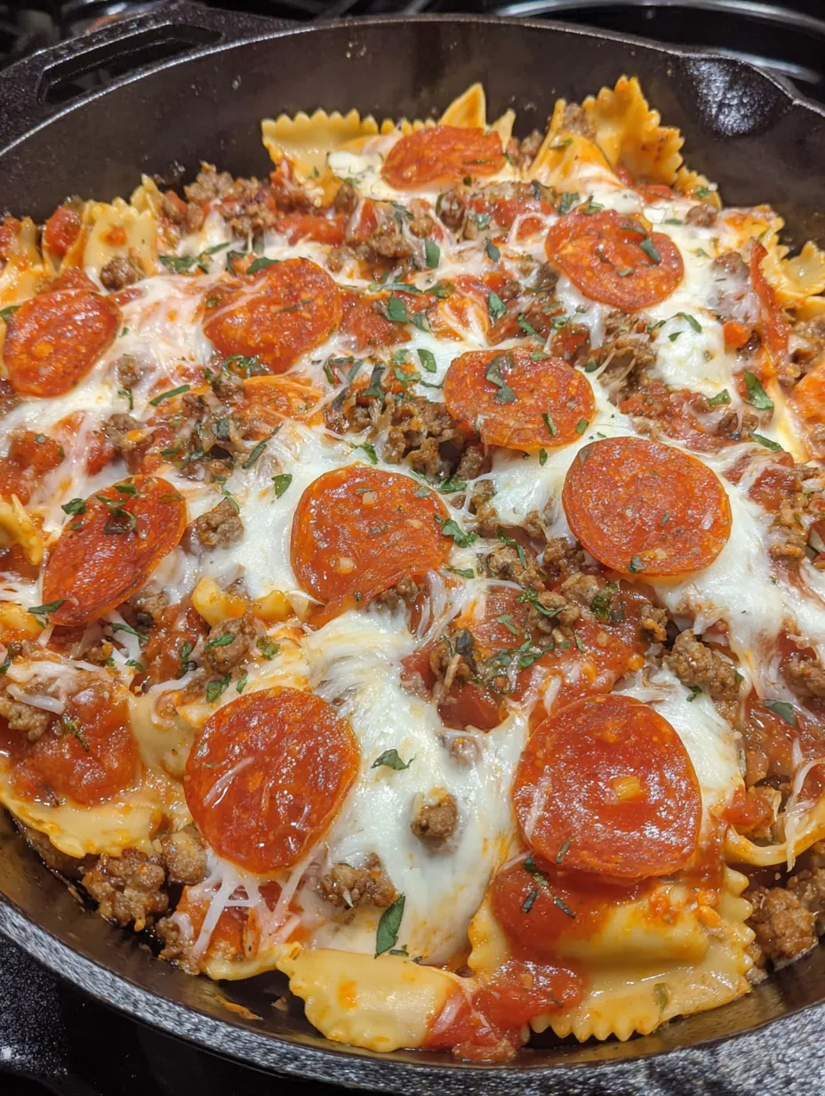 A skillet of pizza lasagna with pepperoni and cheese.