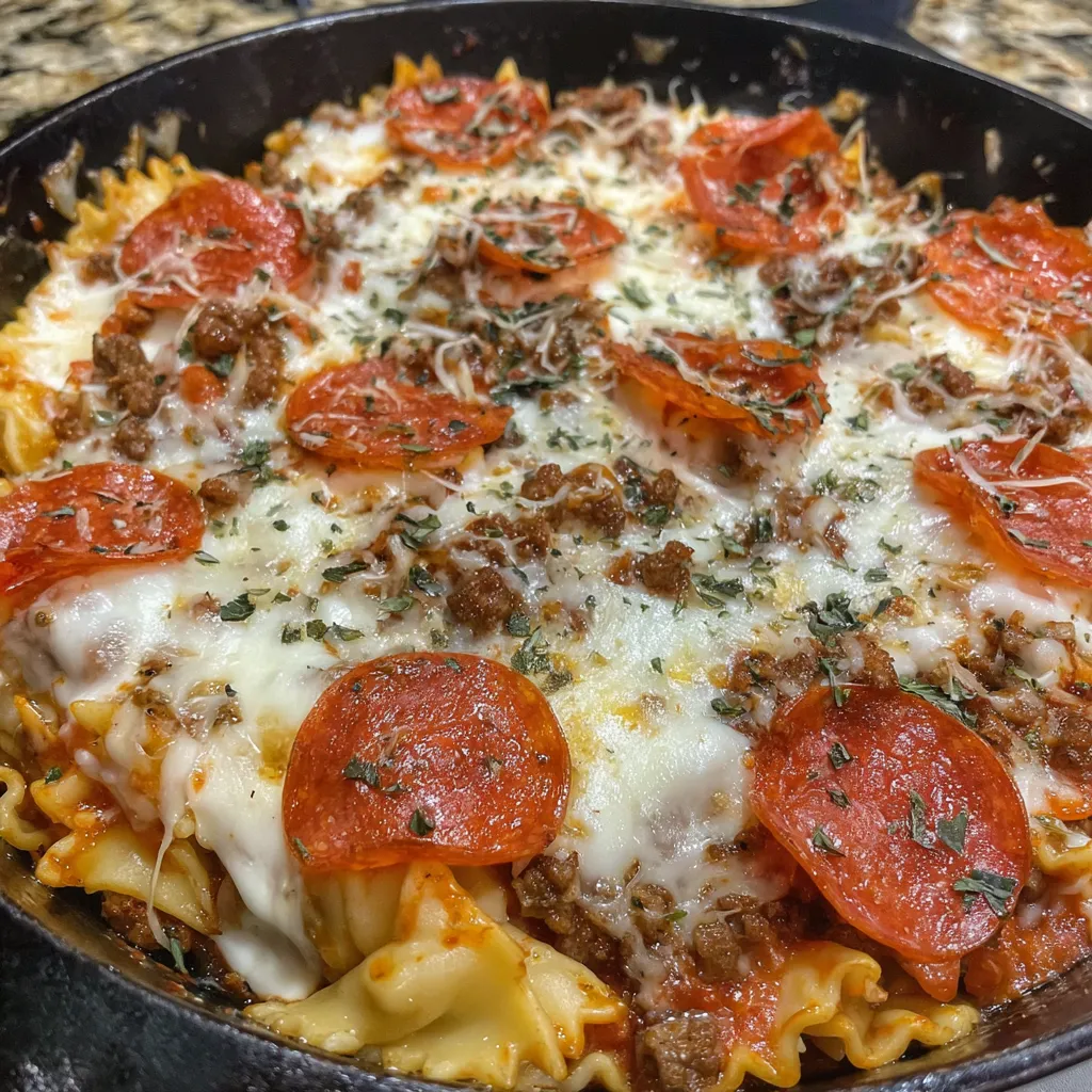 A skillet with a pizza lasagna dish.