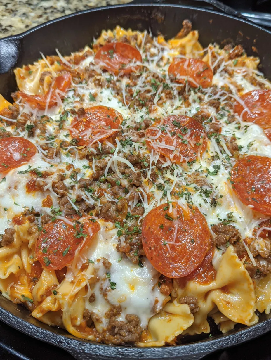 A skillet filled with a pizza lasagna dish.