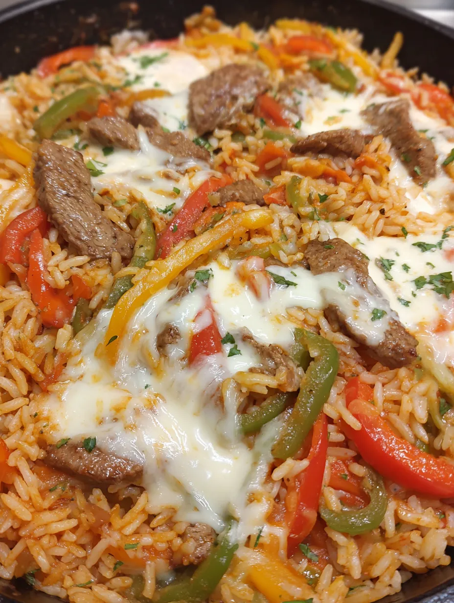 A delicious fajita skillet with meat and peppers.