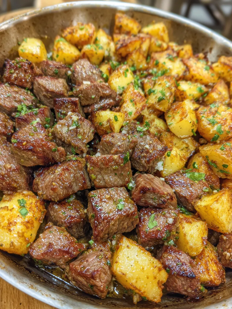 A dish of garlic butter steak bites and potatoes.