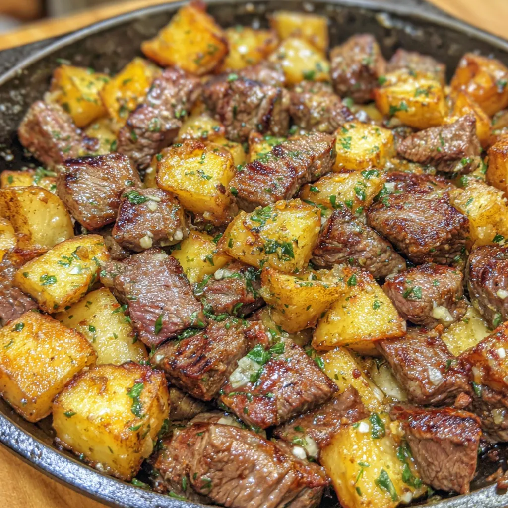 A pan of garlic butter steak bites and potatoes.
