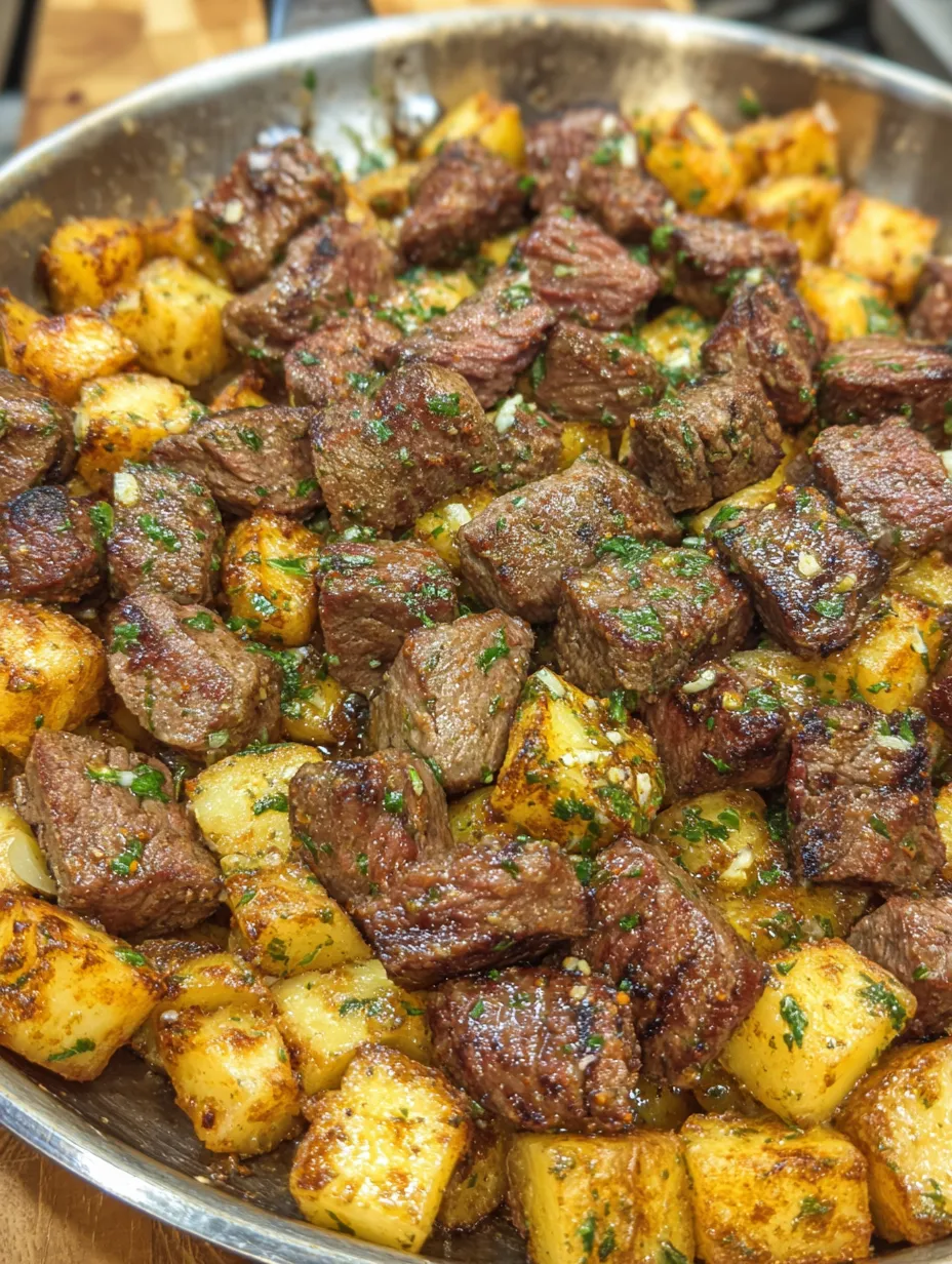 A dish of garlic butter steak bites and potatoes.