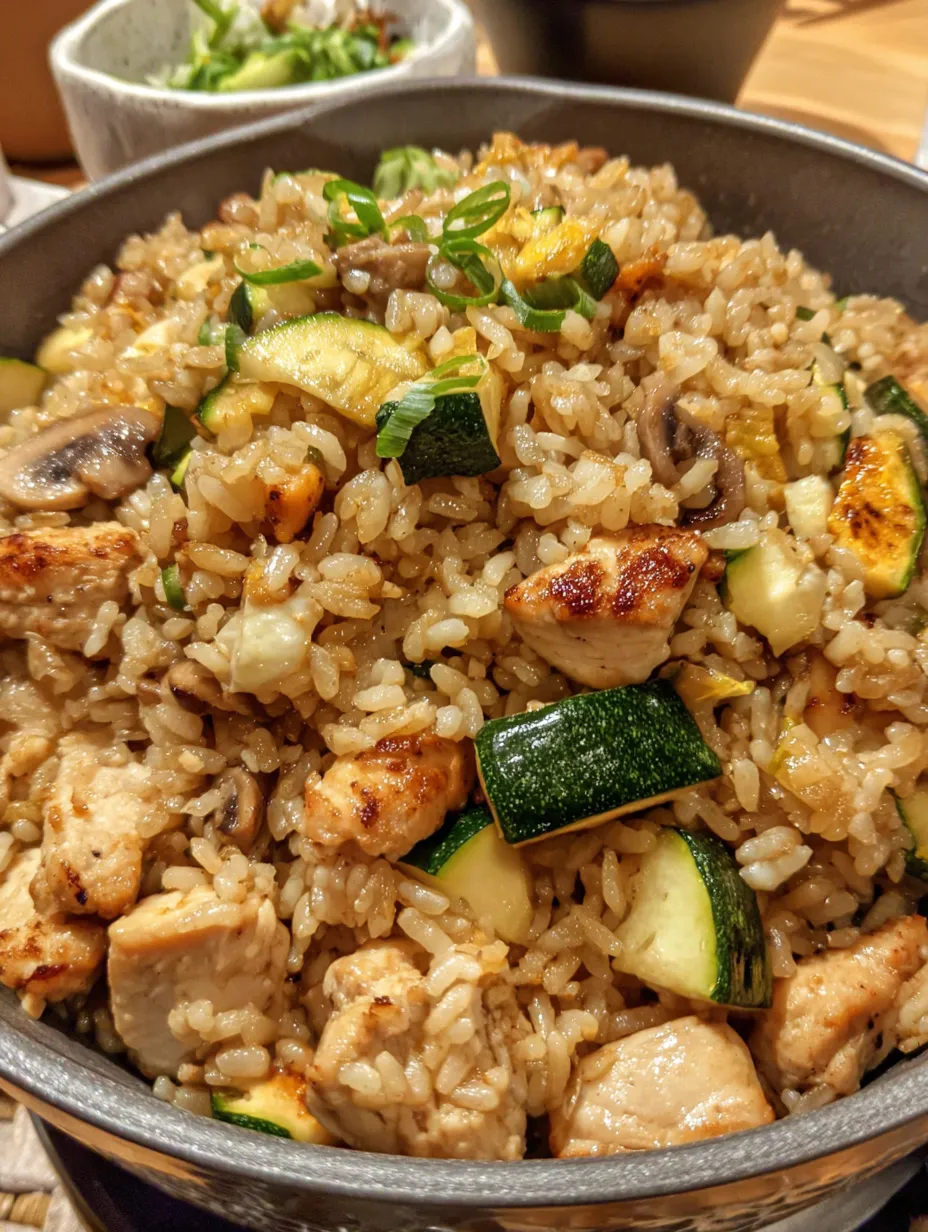 A plate of rice with chicken and vegetables.