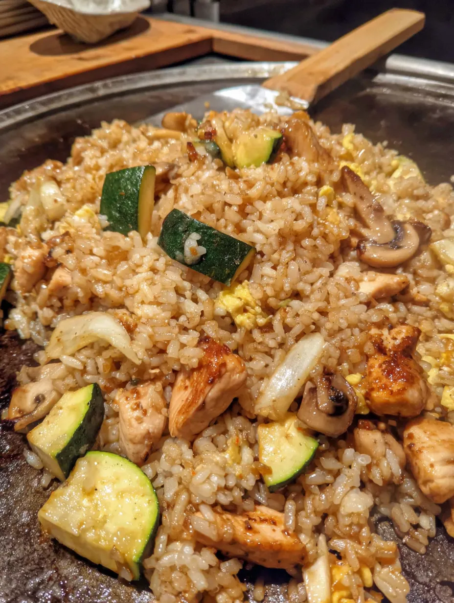 A plate of food with rice, chicken, mushrooms, and zucchini.