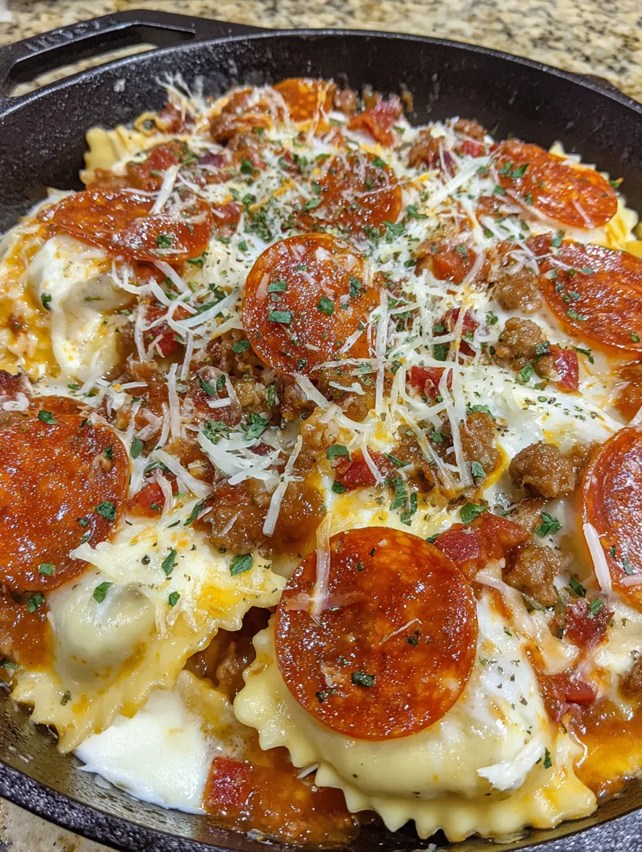 A close up of a cheesy pizza ravioli.