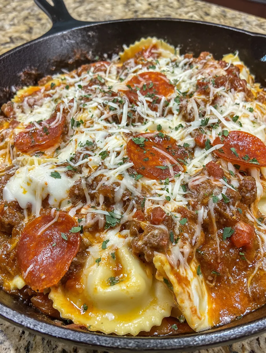 A close up of a cheesy pizza ravioli.