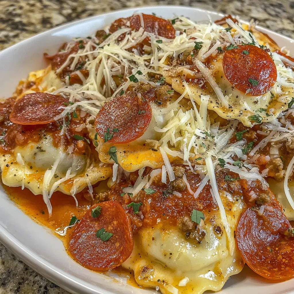 A plate of cheesy pizza ravioli.