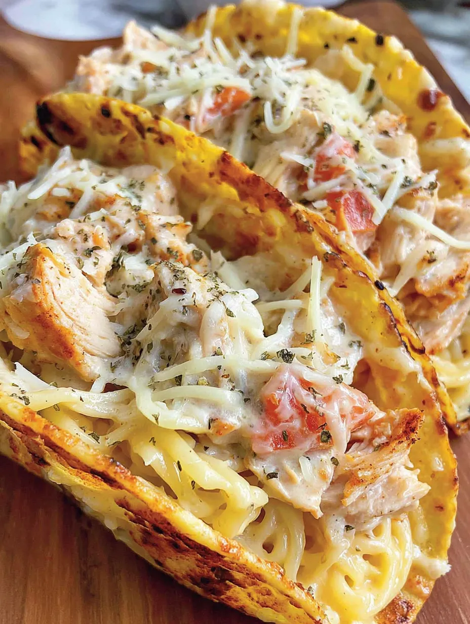 A delicious chicken Alfredo taco.