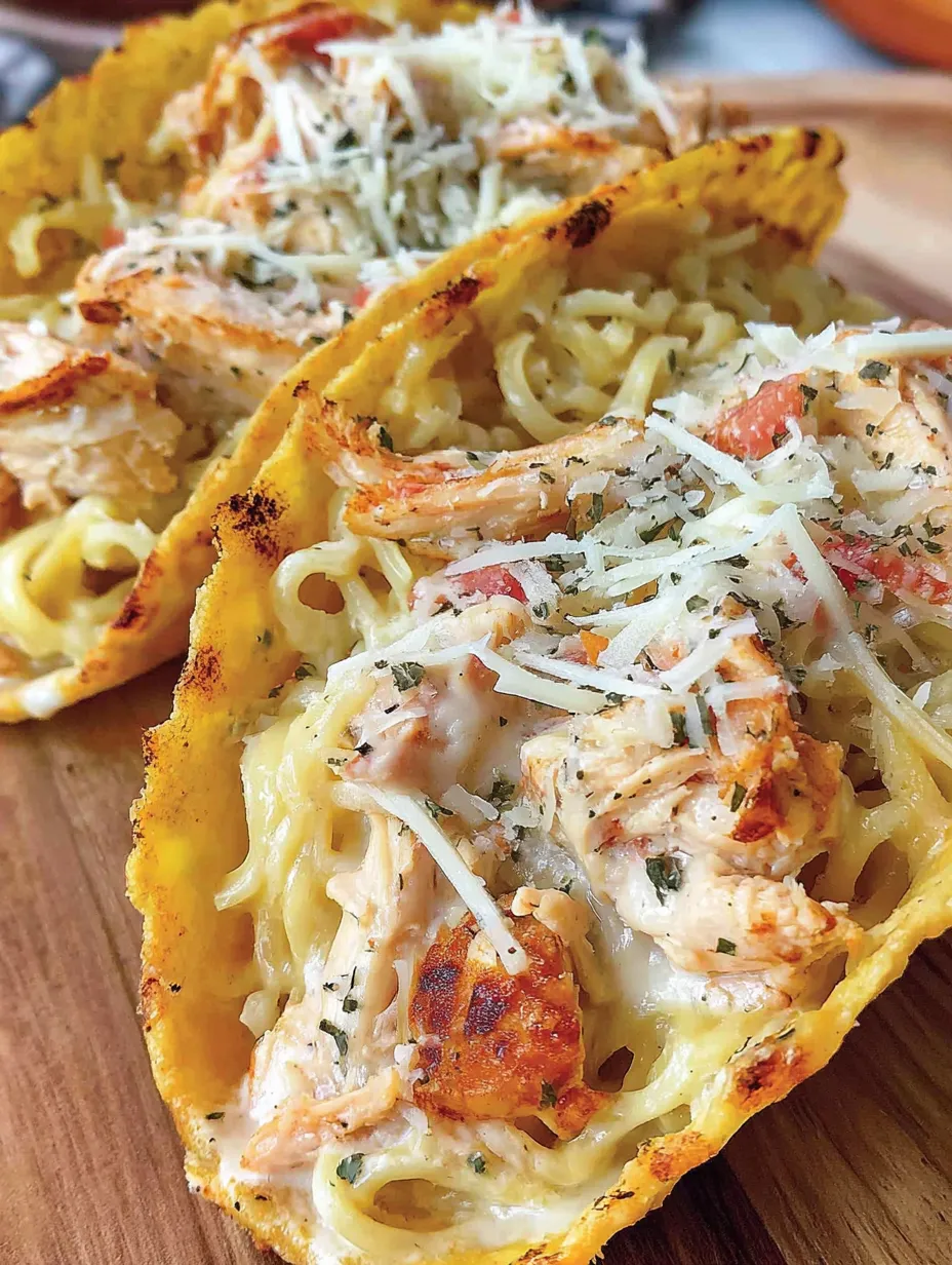 A close up of a chicken Alfredo taco.
