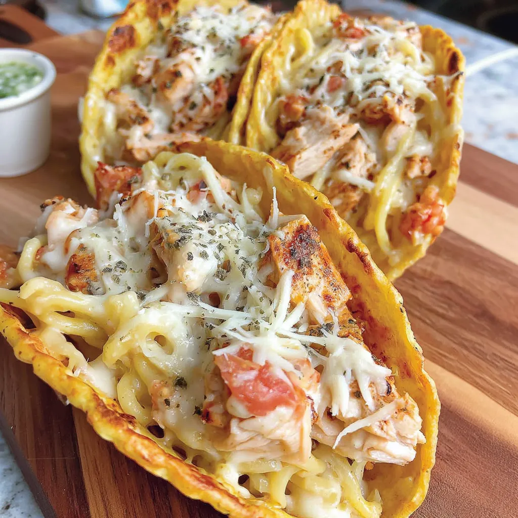 Two chicken Alfredo tacos on a wooden cutting board.