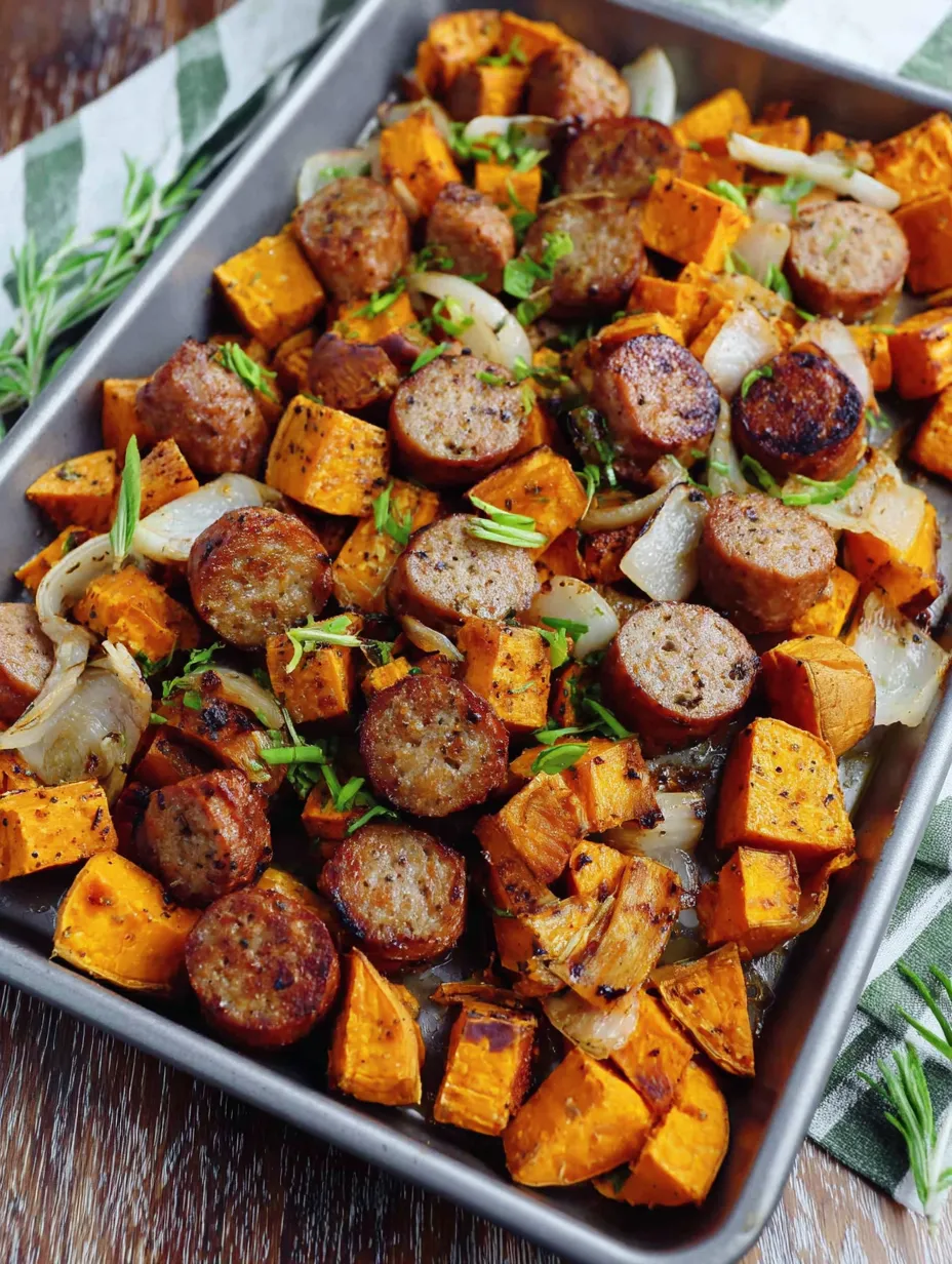A pan of sausage and sweet potatoes.