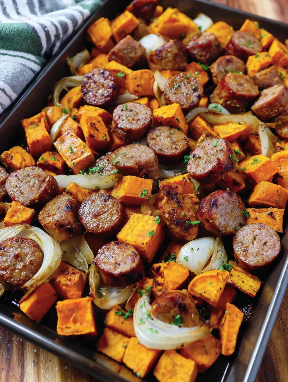 A pan of sausage and sweet potatoes.