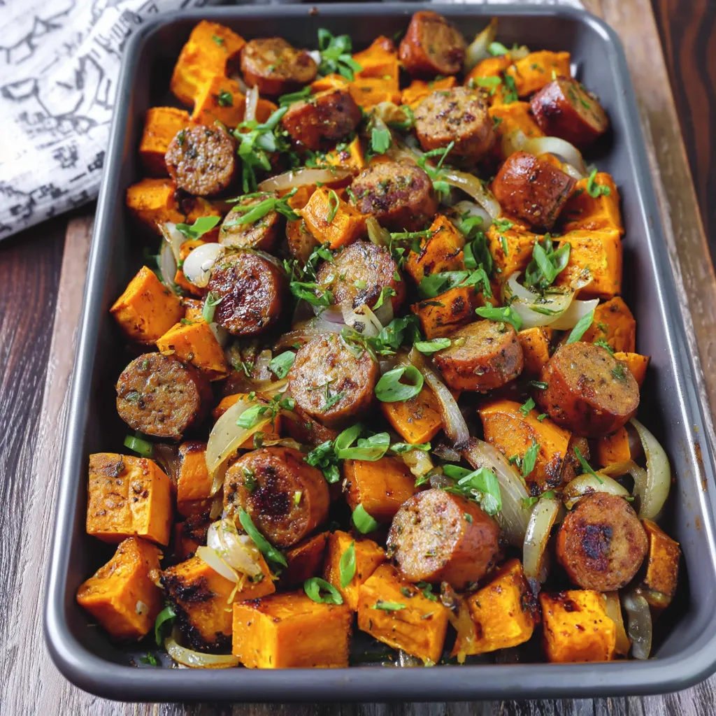 A pan of sausage and sweet potatoes.