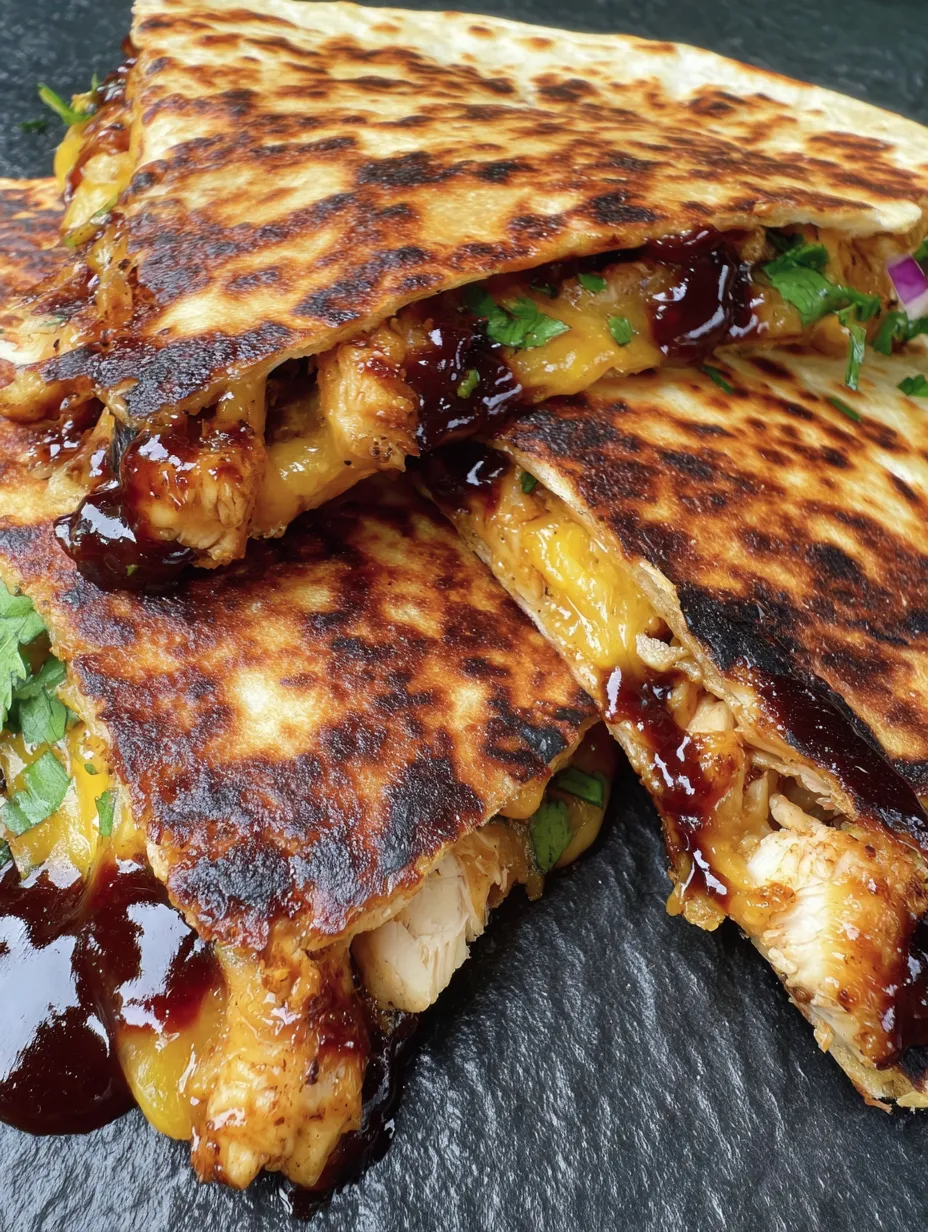 A close up of a quesadilla with chicken and honey.
