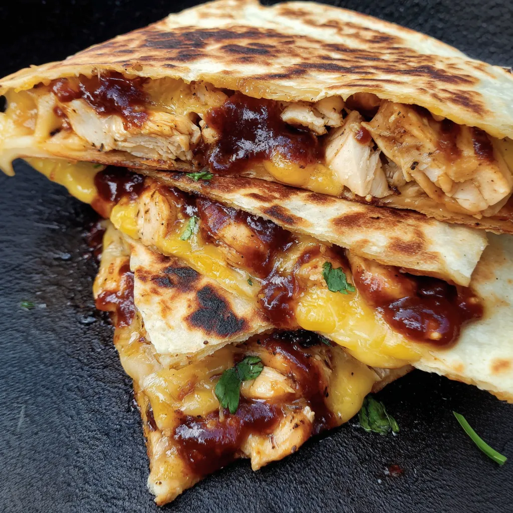 A quesadilla with chicken and BBQ sauce.