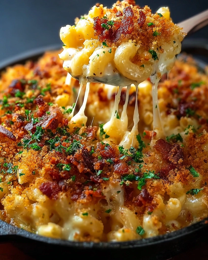 A close up of a bowl of mac and cheese with bacon on top.