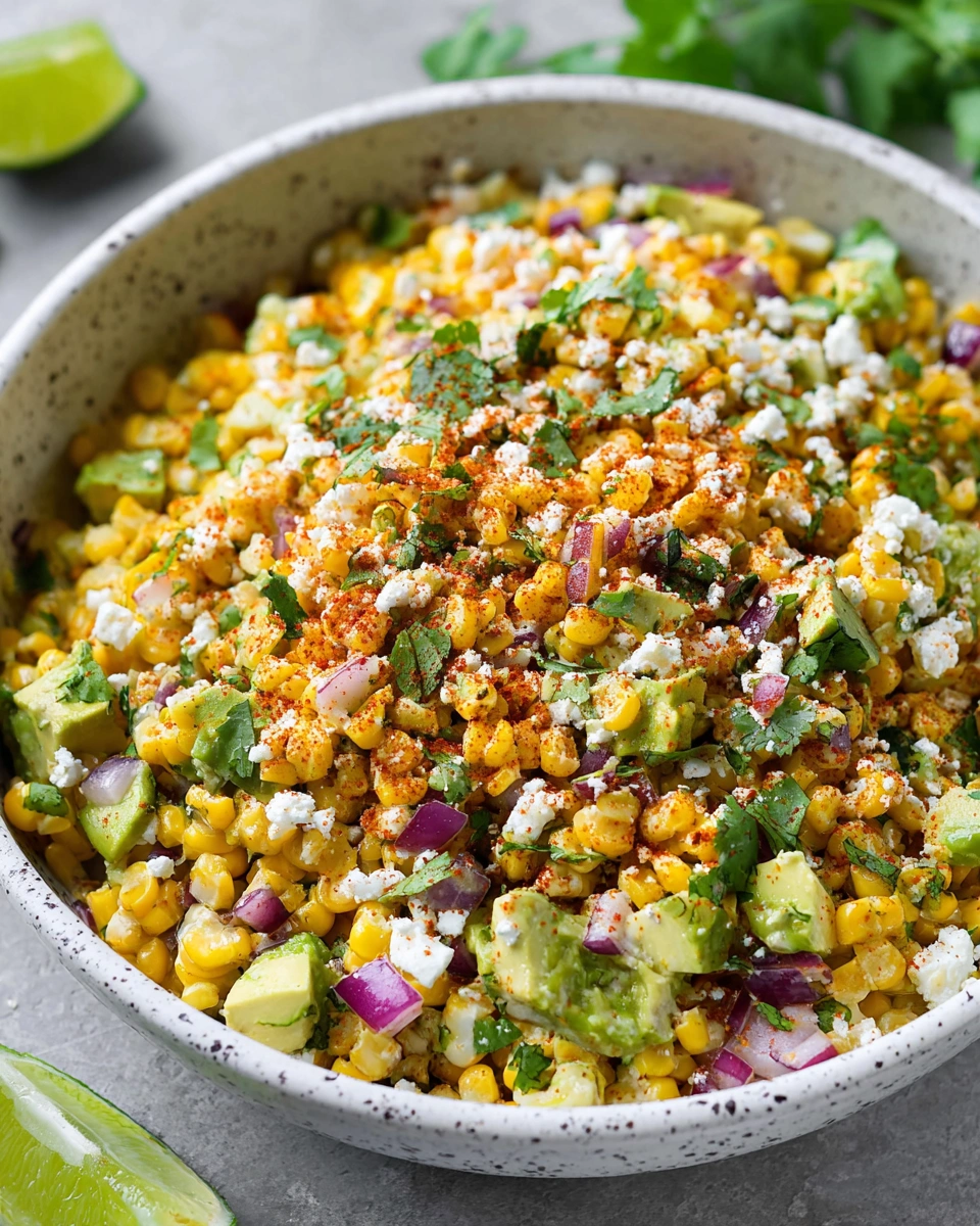 A bowl of Mexican street corn salad with avocado.