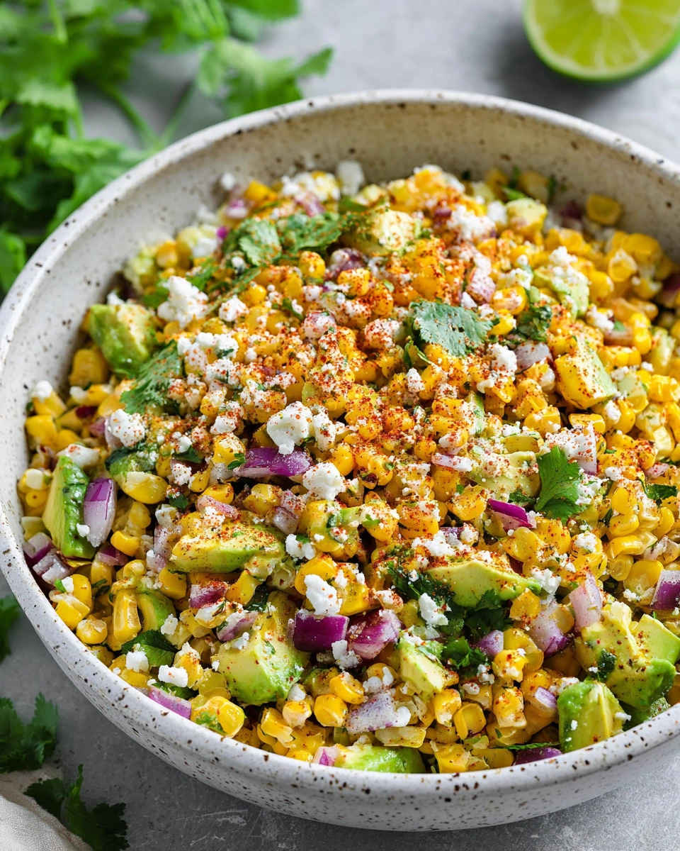 A bowl of Mexican street corn salad with avocado.
