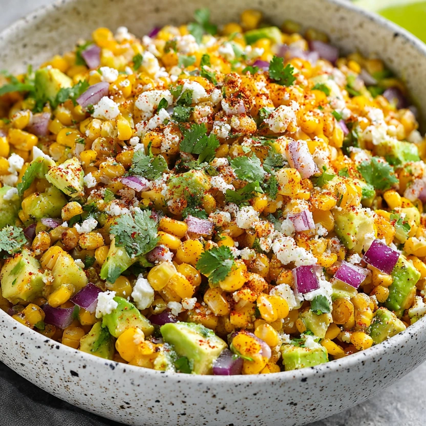 A bowl of Mexican street corn salad with avocado.