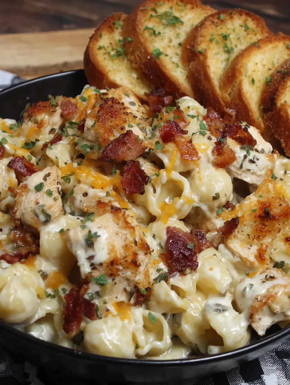 A bowl of chicken bacon ranch casserole with bread on the side.