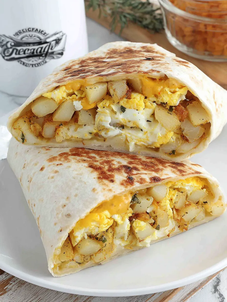 A breakfast crunch wrap with eggs, potatoes, and cheese.