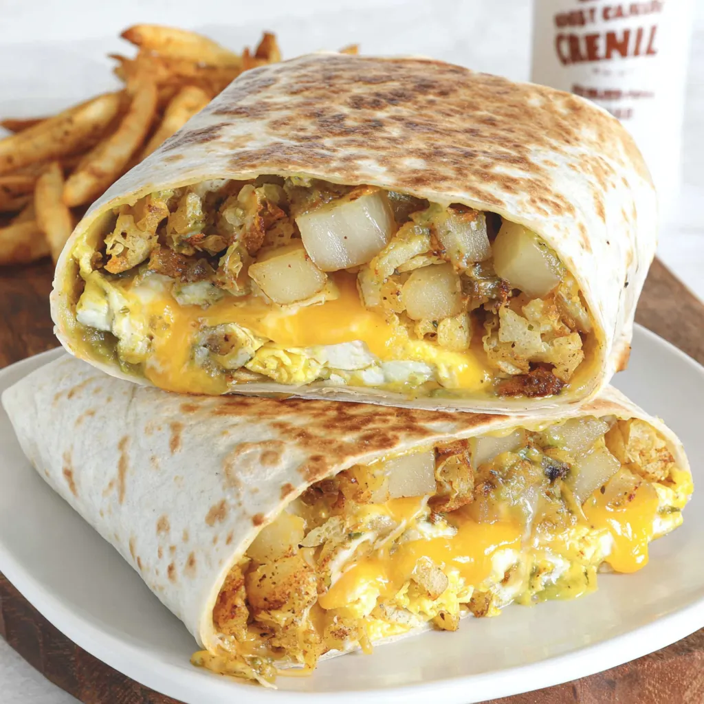 A breakfast burrito with cheese and potatoes.