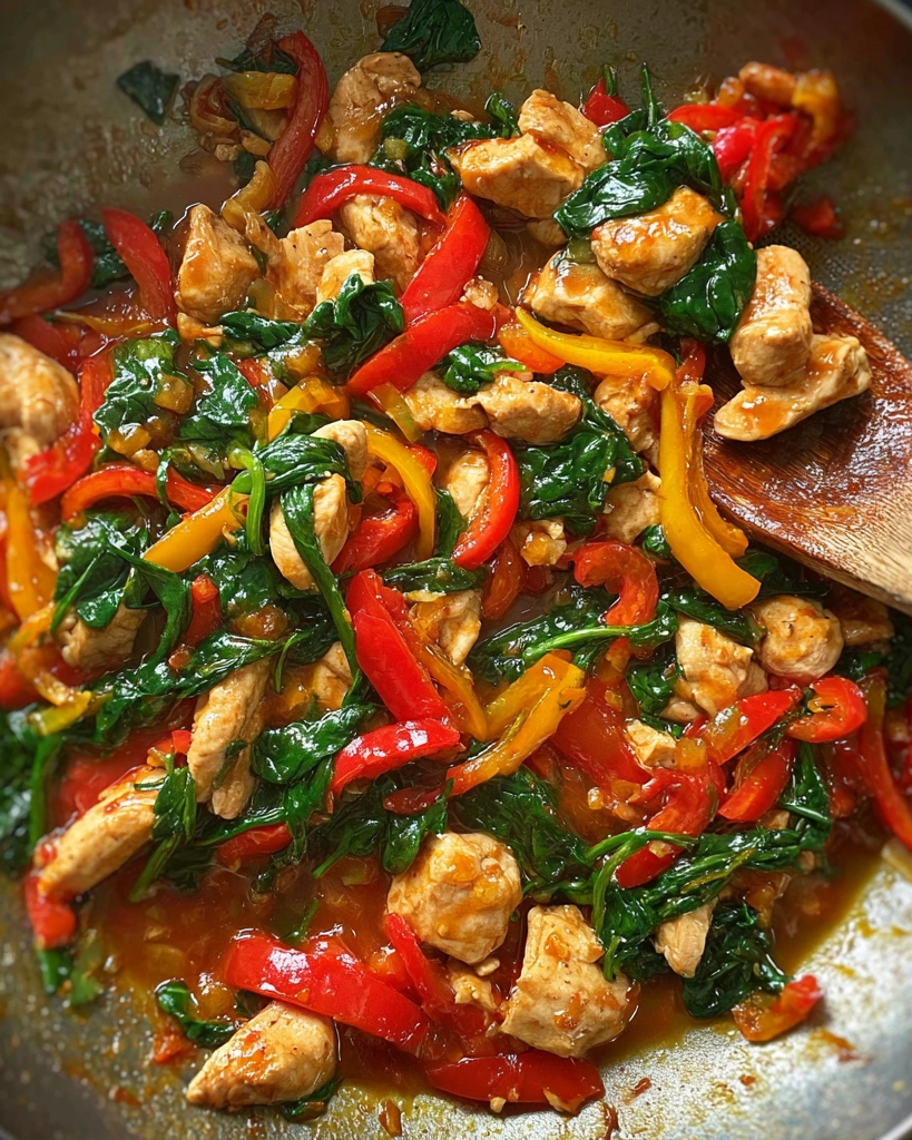 A creamy chicken dish with spinach and peppers.