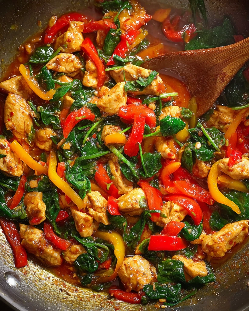 A creamy chicken dish with spinach and peppers.