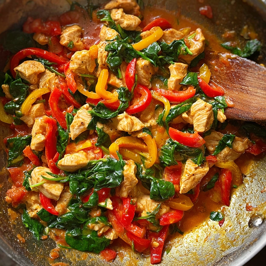 A pan of creamy chicken with spinach and peppers.