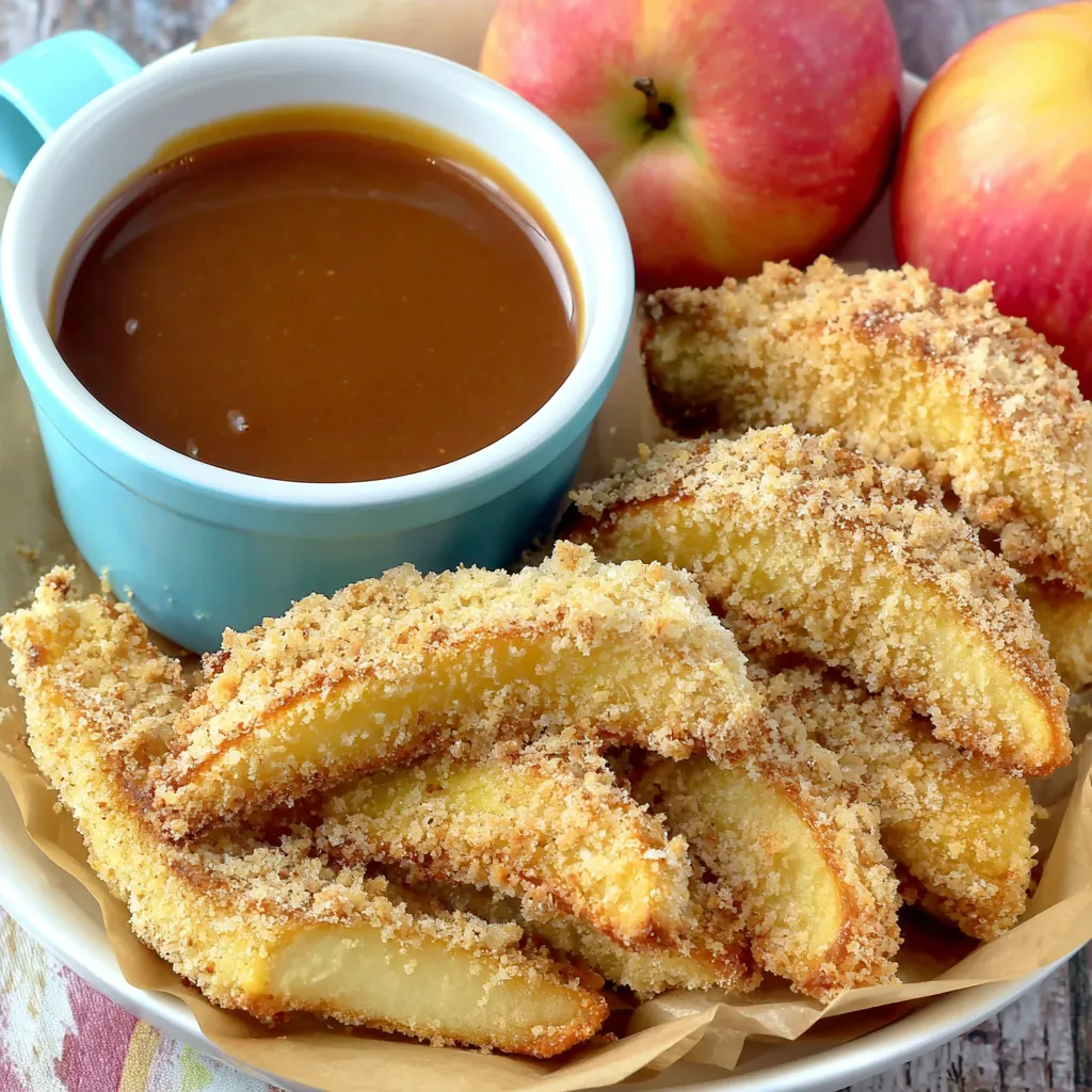 A cup of caramel sauce sits next to a plate of air fryer apple fries.