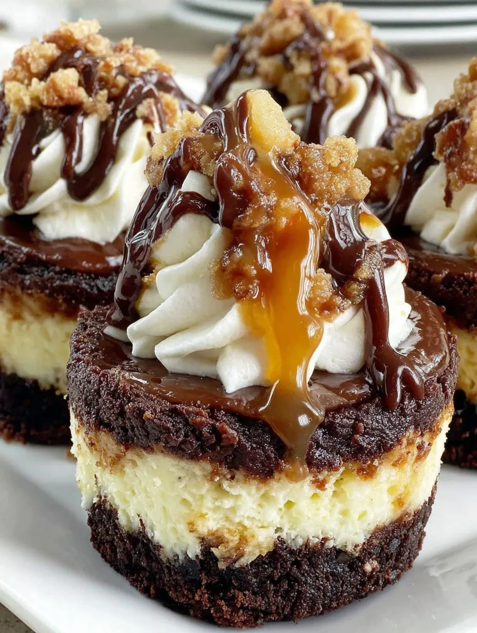 A loaded brownie cheesecake cup with caramel drizzle.