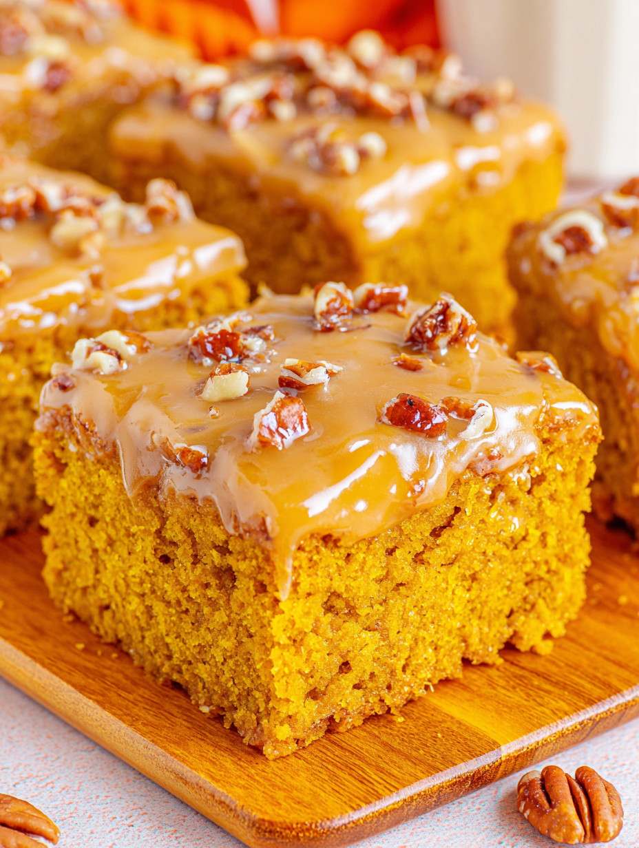 A slice of pumpkin snack cake with praline icing.