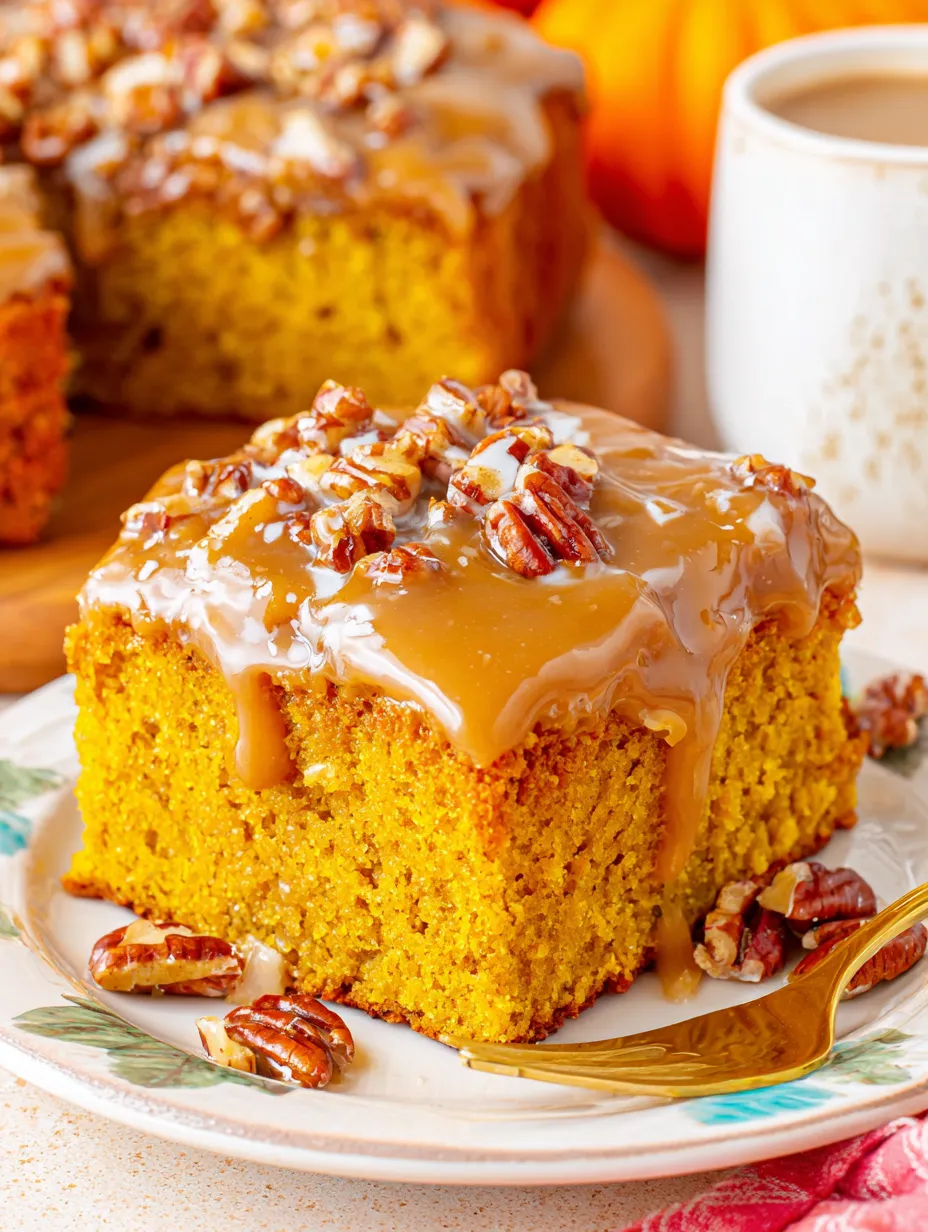 A slice of pumpkin snack cake with praline icing.