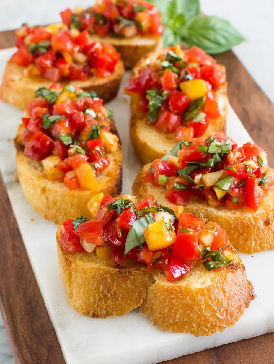 A plate of toasted bread with tomatoes and basil.