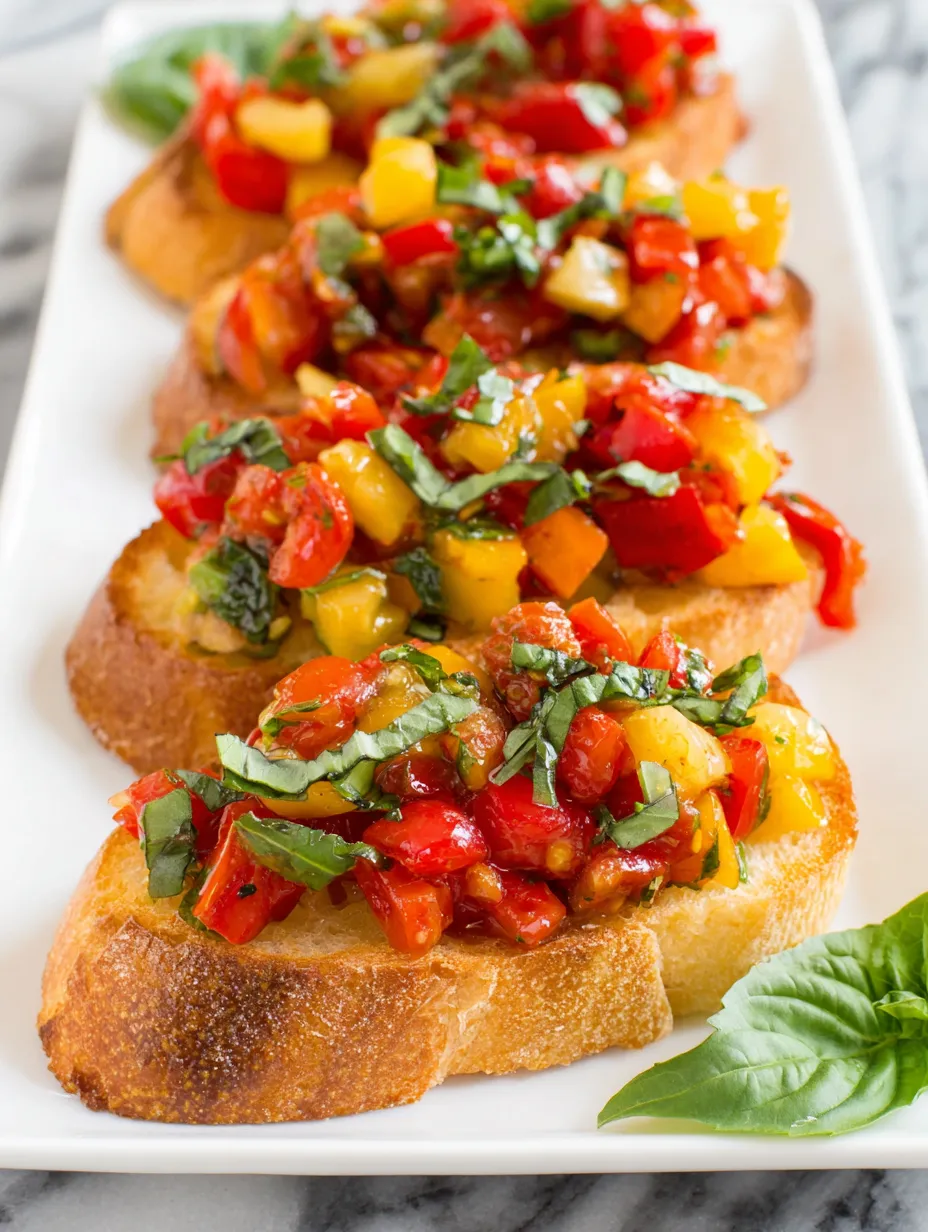 A plate of four pieces of bread with tomato sauce on top.