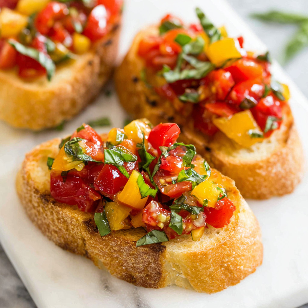 A plate of toasted bread with tomatoes and basil.