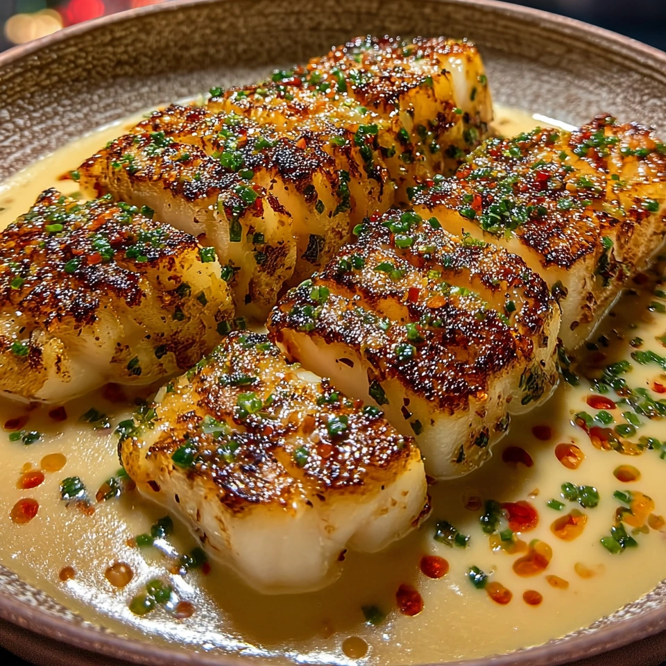 Garlic butter cod strips with sweet chili lime sauce.