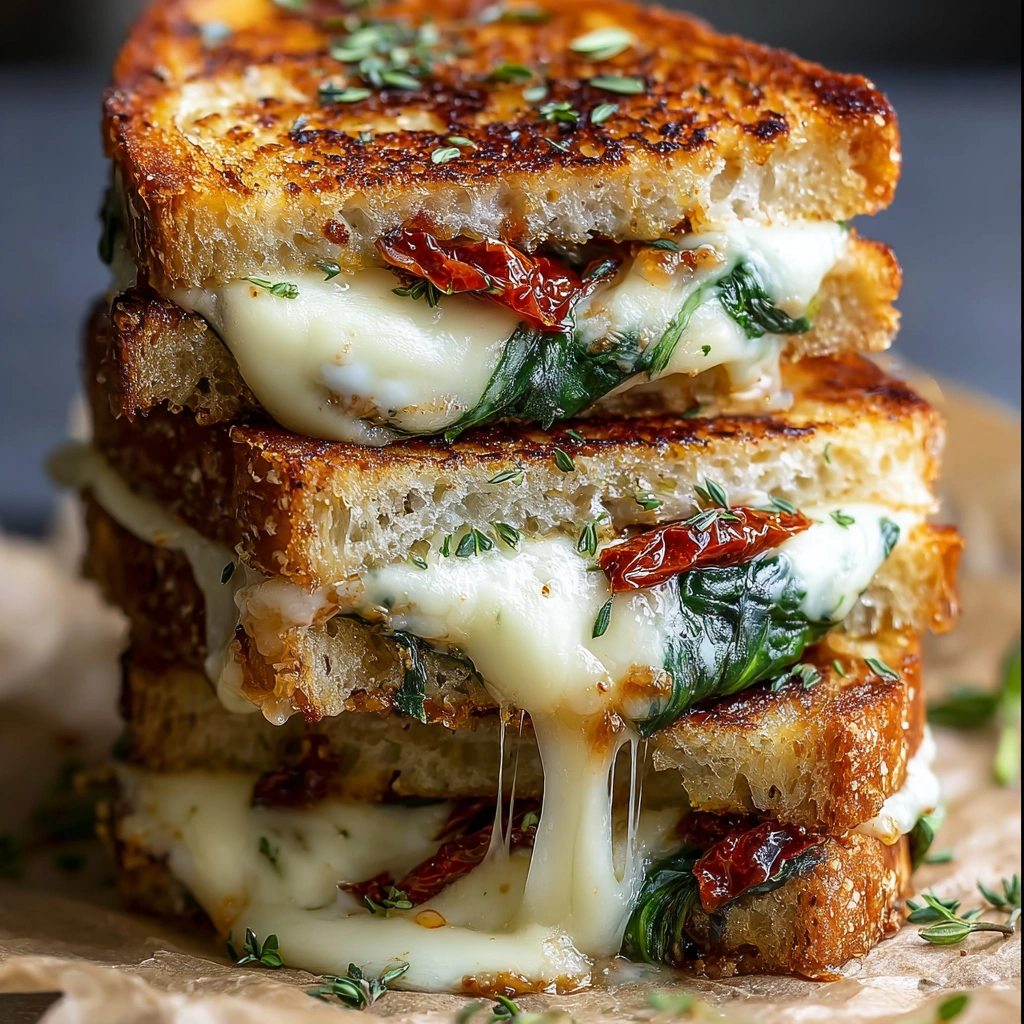 A stack of grilled cheese sandwiches with sun-dried tomato, spinach, and ricotta.