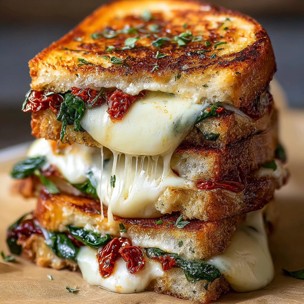 A stack of grilled cheese sandwiches with spinach and sun-dried tomato.