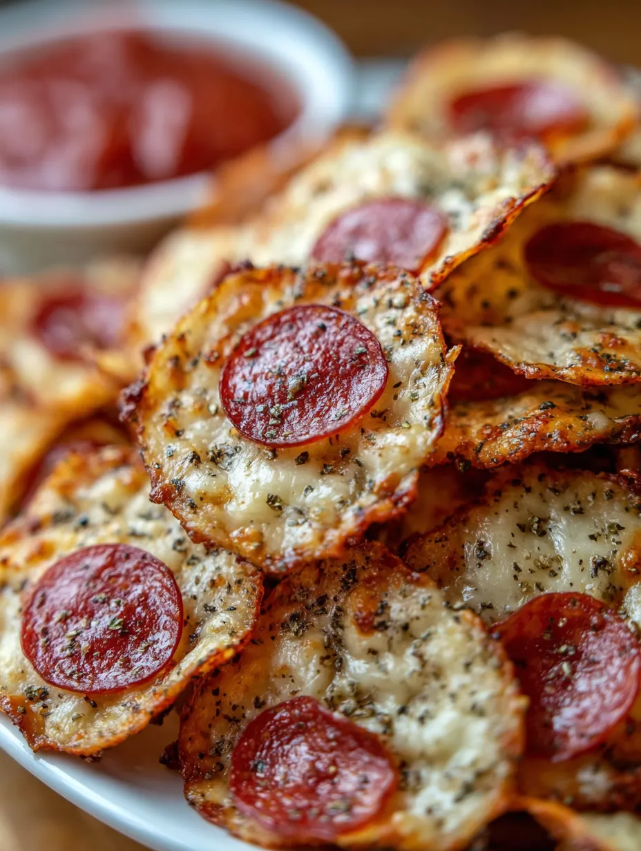 A bowl of pizza chips with cheese and pepperoni.
