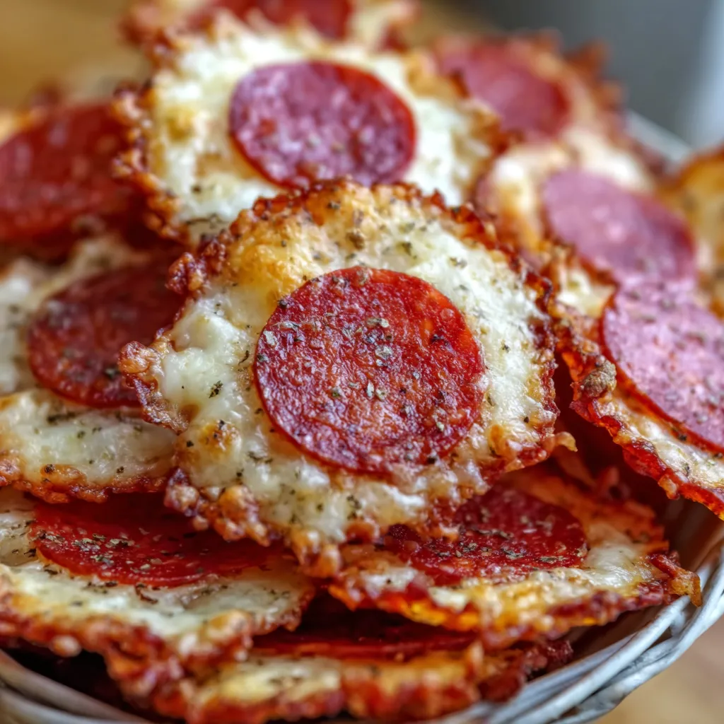 A bowl of pepperoni pizza chips.