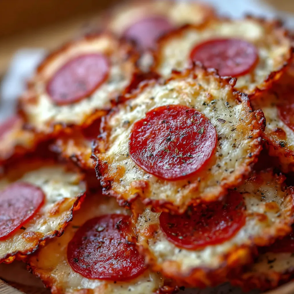 A bowl of pizza chips with cheese and pepperoni.
