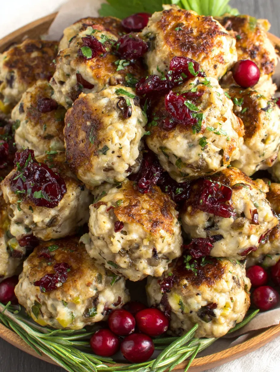 Turkey and stuffing meatballs on a plate.