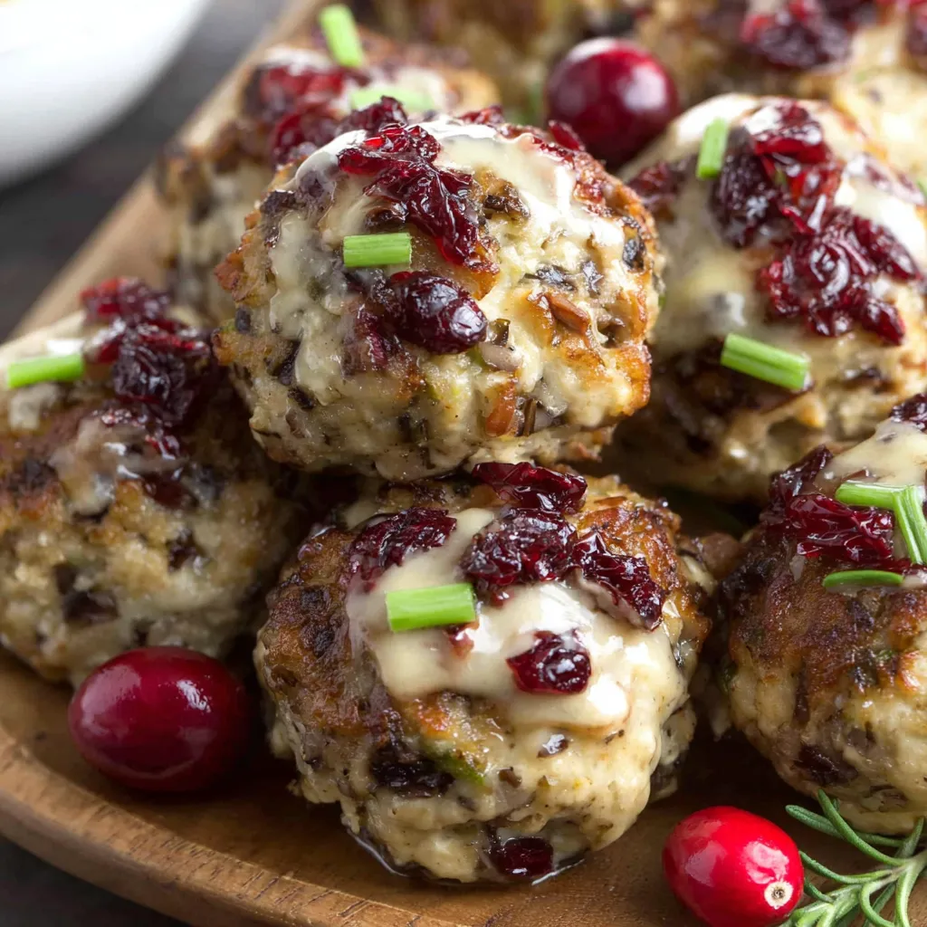 Turkey and stuffing meatballs on a plate.