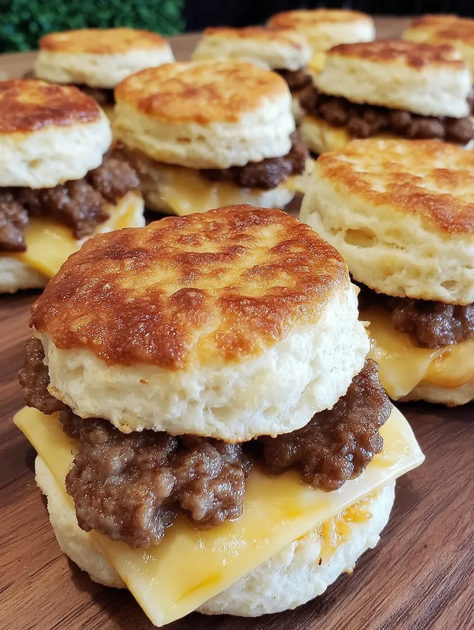 A stack of biscuits with sausage on top.