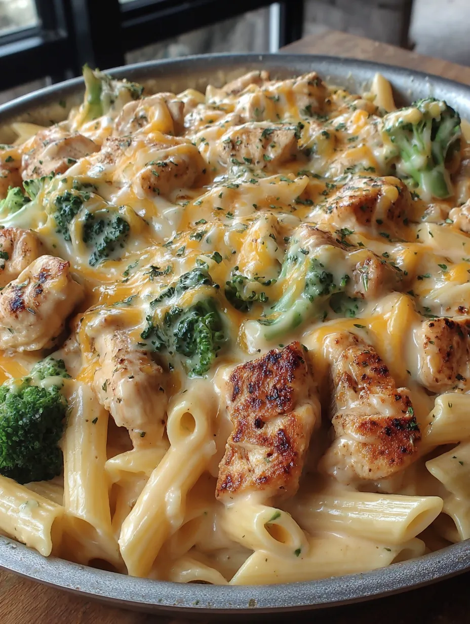 A dish of Cajun chicken and broccoli Alfredo.