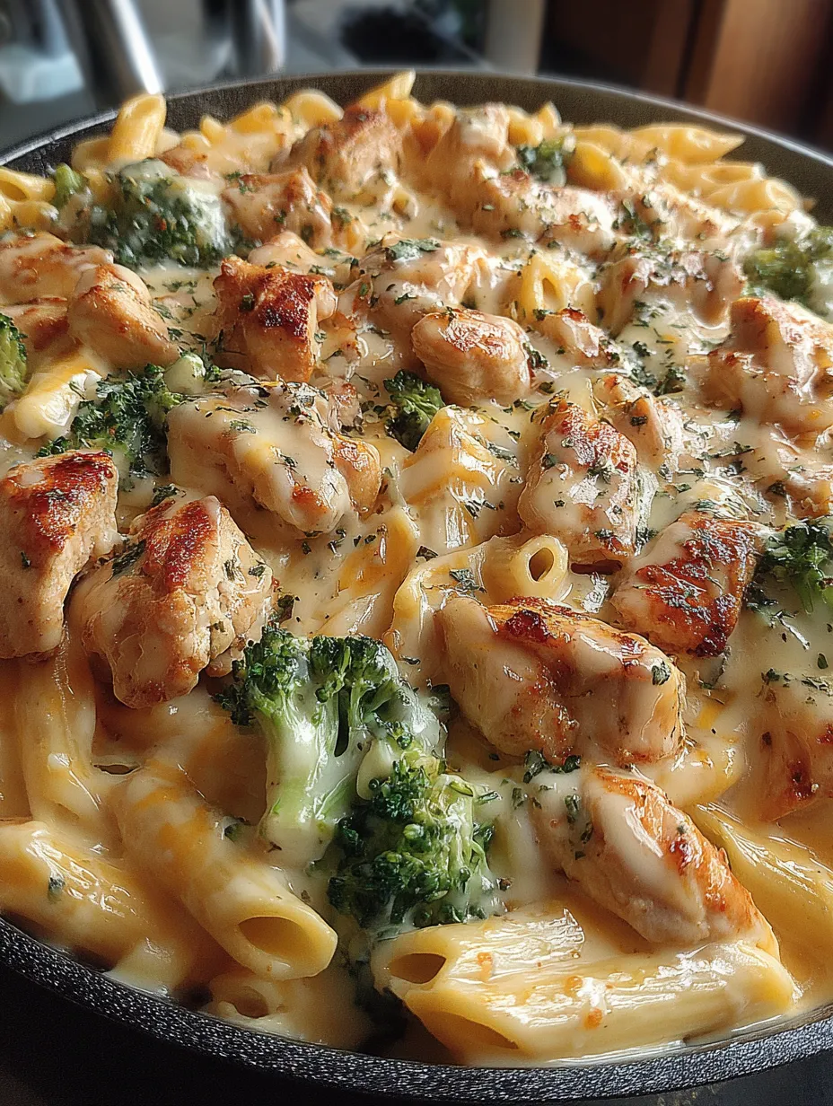 A plate of Cajun chicken and broccoli Alfredo.