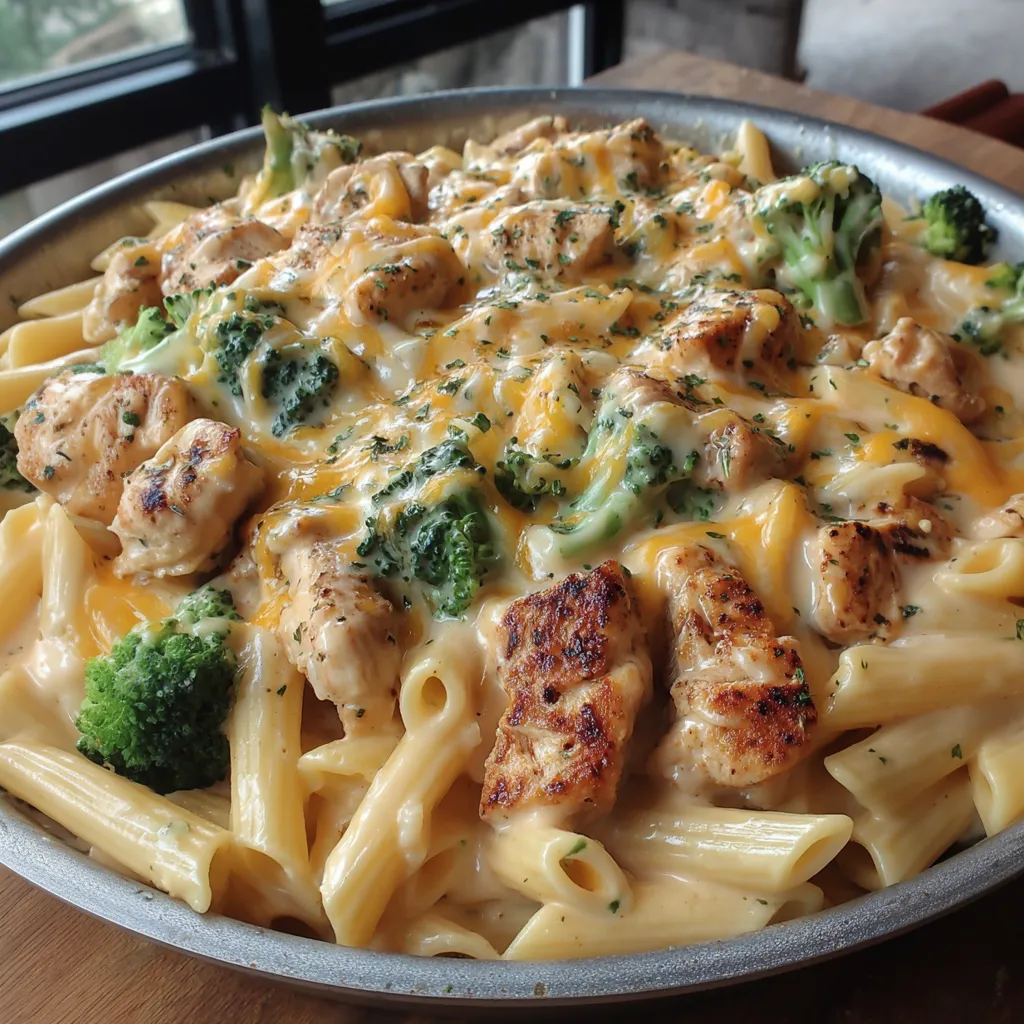 A plate of Cajun chicken and broccoli Alfredo.